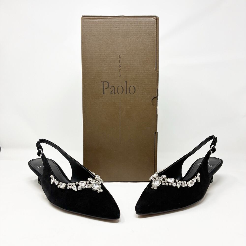 Linea Paolo Black Suede Crystal Embellished Slingback Kitten Heels NIB